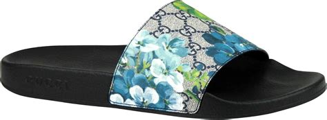 blue gucci slides floral.